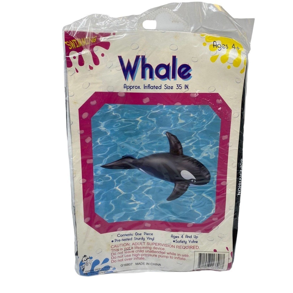 Vtg Killer Whale Pool Inflatable Toy 35" 3FT Shamu Black & White Ride On Float